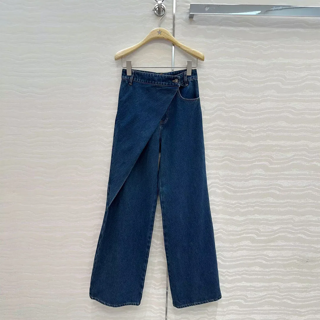 

2025 новые модные осенние синие прямые джинсы женские с высокой талией и разрезом с карманами свободные повседневные джинсовые брюки