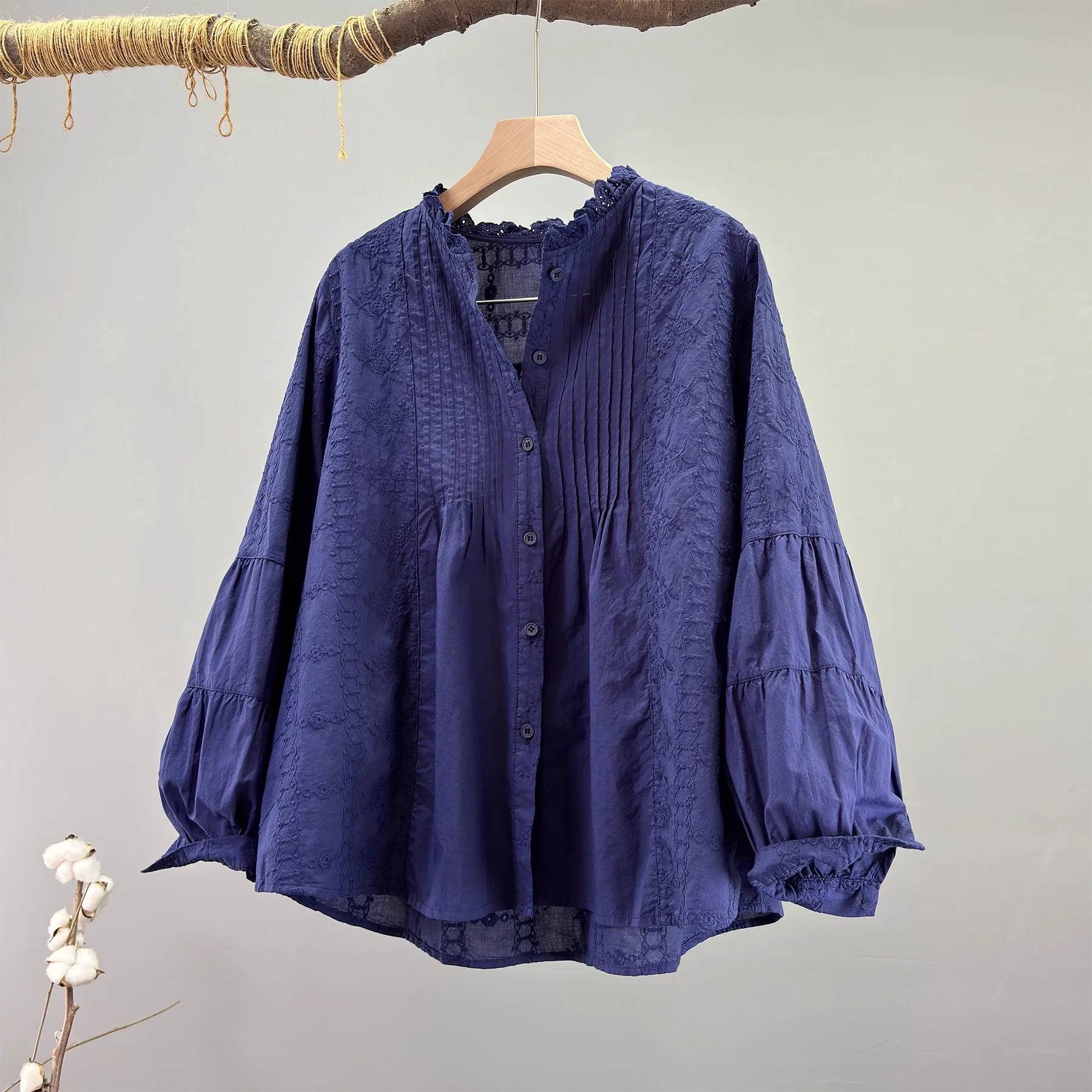 

Enianechu Роскошная дизайнерская одежда Элегантные женские рубашки с длинными рукавами 100% хлопок Бежевые темно-синие плиссированные блузки Одежда в стиле бохо