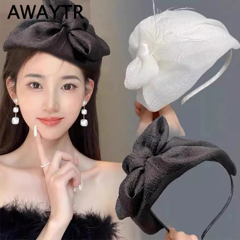 AWAYTR New Black Veil Top Hat Retro Hairband Women Wedding Hair Accessories Dinner Party Headdress Bride Headpiece Headband