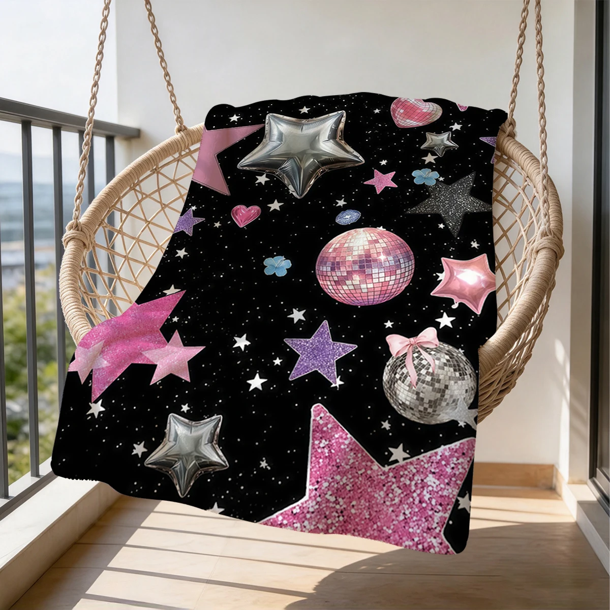 Black Glitter Stars Disco Flannel Blanket Warm Soft Halloween Christmas Couch Warm Cozy Decorative Decor Gift for All Season