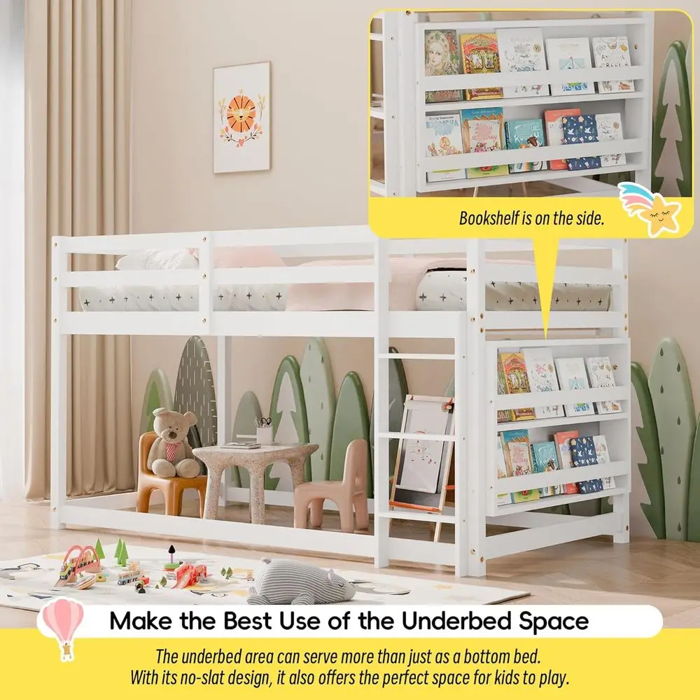 Łóżko piętrowe dla dzieci, rozmiar twin, na podłogę, z półkami i pełnymi poręczami, biała drewniana rama do sypialni, akademików.