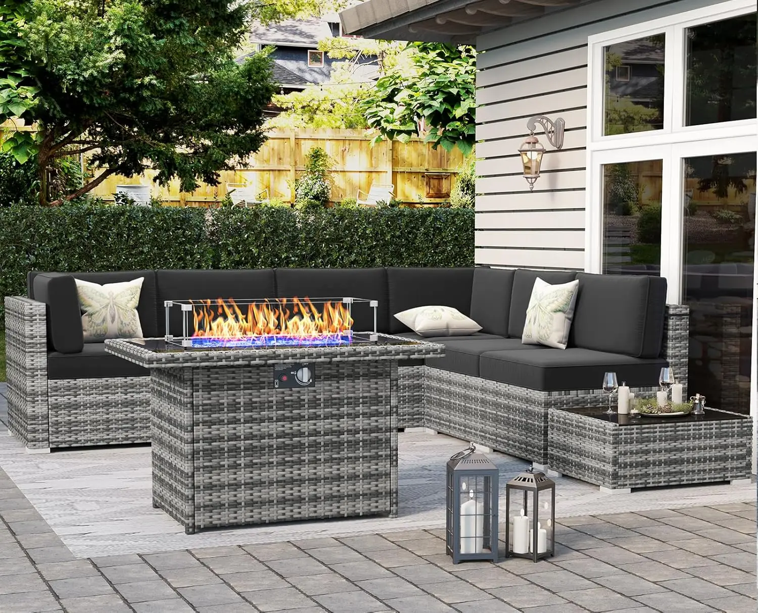 8 Piece Patio Furniture Set with Fire Pit Table, Outdoor Conversation Sets Wicker Rattan Sectional Sofa