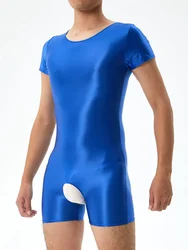Body Sexy de entrepierna abierta para hombre, leotardo exótico de manga corta, Medias brillantes al óleo, alta elasticidad