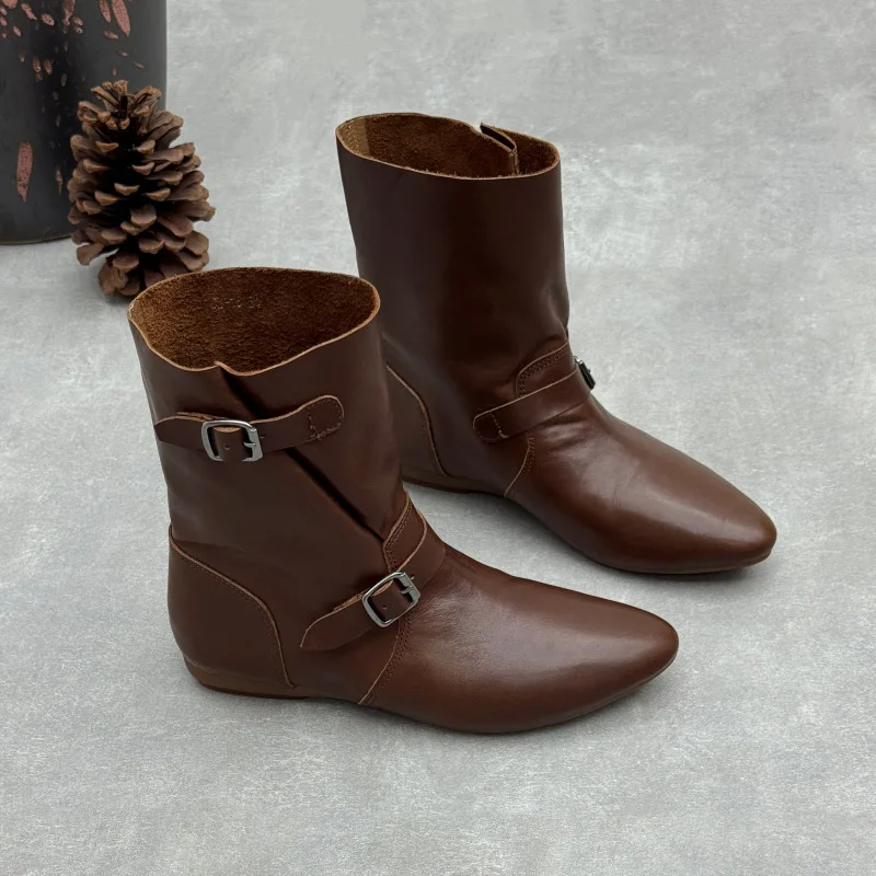 Handmade Genuine Leather Pointed Toe Flat Boots Women Vintage Double Buckle Strap Mid Calf Booties Washed Cowhide Slip On Shoes