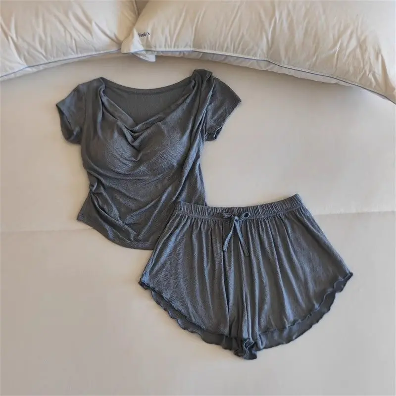 New Summer Women V-neck Casual Temperament Sleepwear Set Solid with Chest Pad Casual Comfortable Outer Wear Short Sleeve Shorts