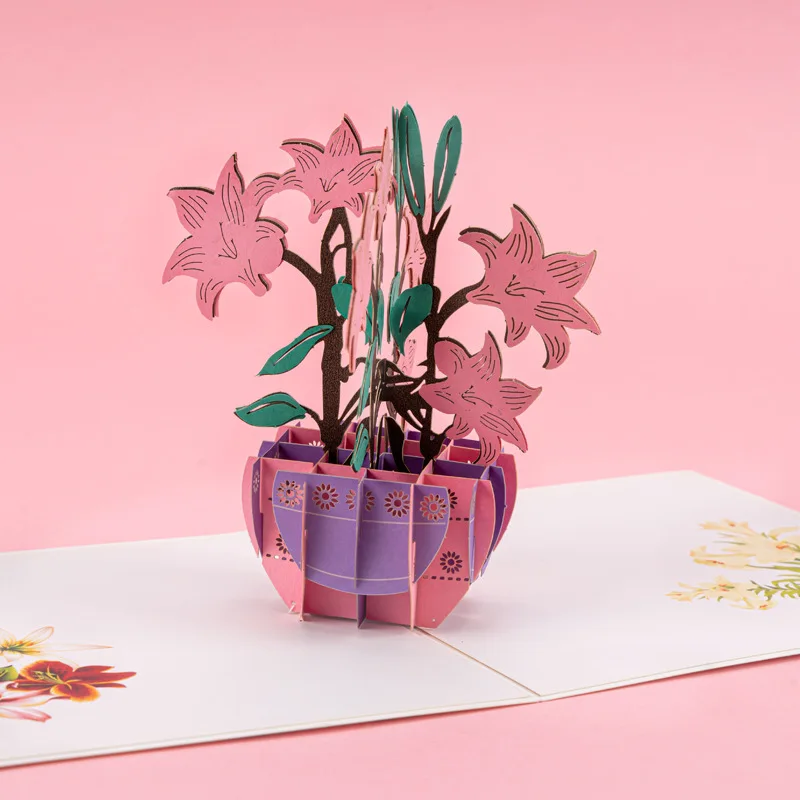 

Birthday Greeting Card Color Printed Pink Perfume Lily 3D Pop-up Greeting Card Mother's Day Wishes Card Birthday Gift