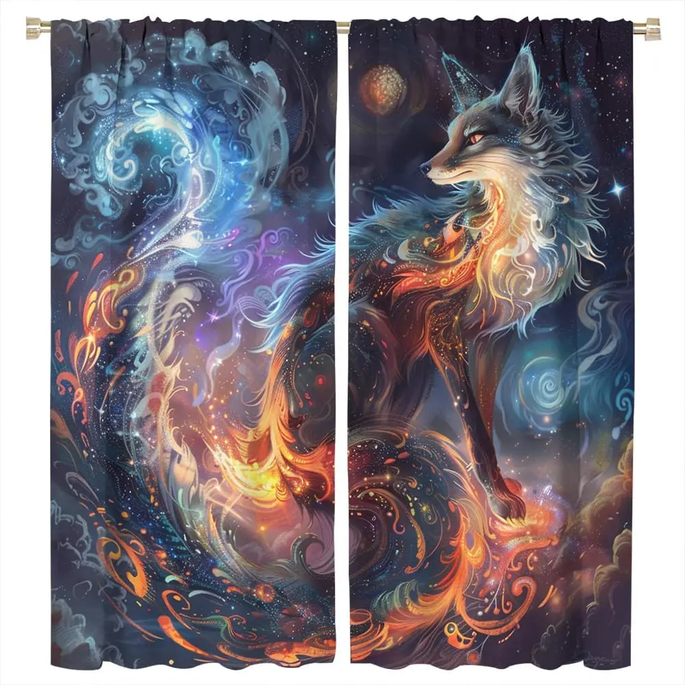 Abstract Fantasy Fox Blackout Curtains Mysterious Planet Colorful Animals Rod Pocket Window Drapes Room Darkening Curtains for