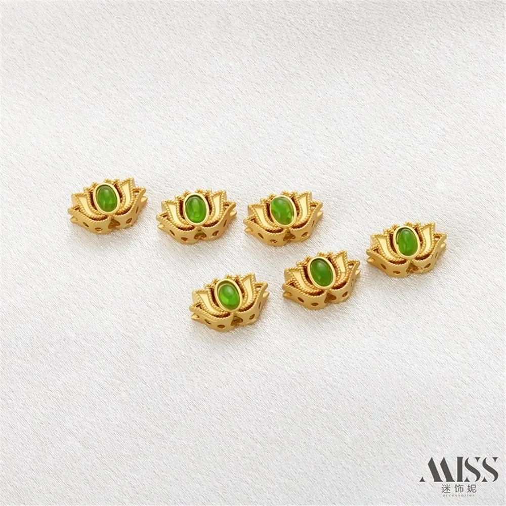 18K Gold Bag Color Matte Gold Inlaid with Emerald Lotus Beads Transfer Beads DIY Bracelet Necklace Hollow Jewelry Accessories view 5