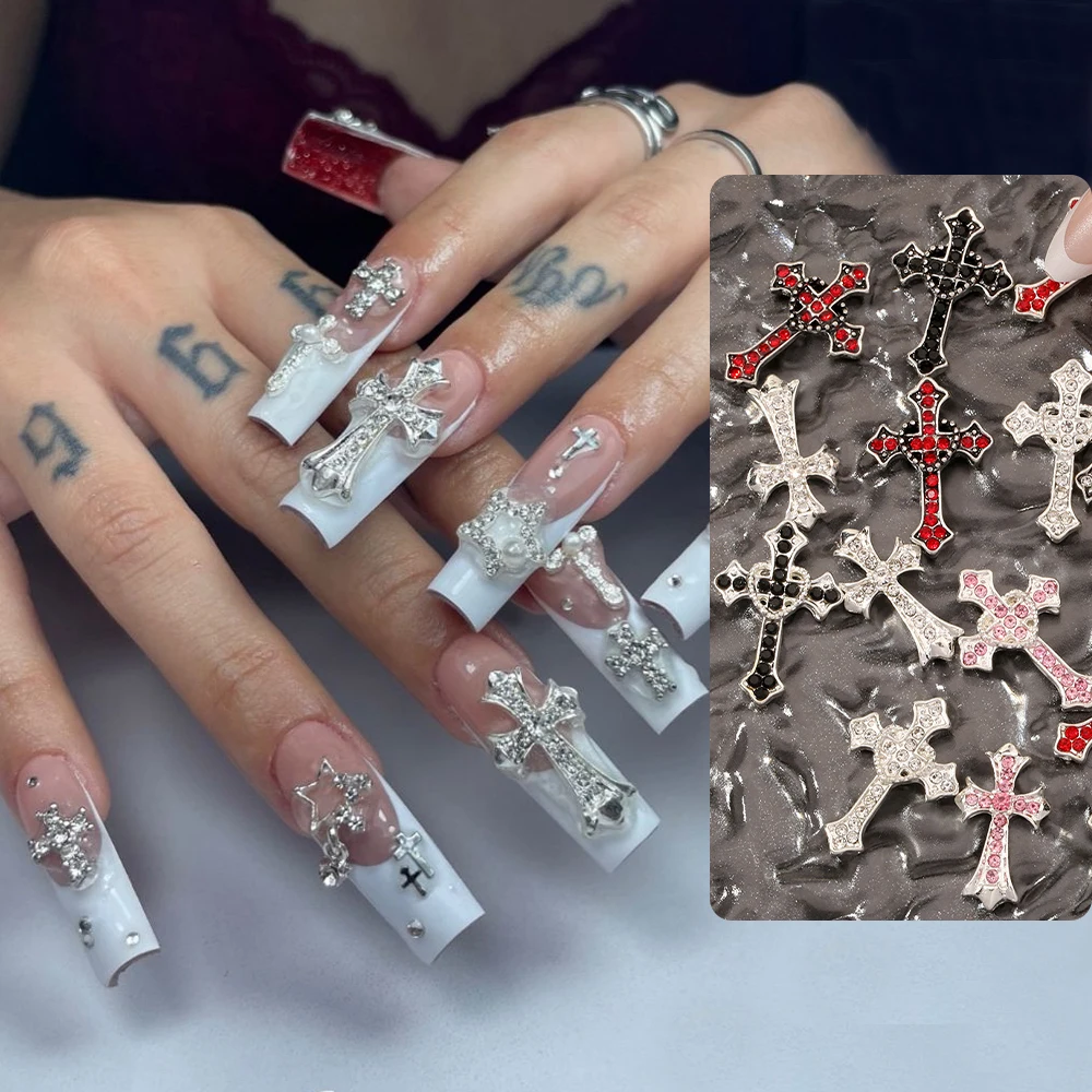 5Pcs XXL Silver Cross Luxury Nail Art Rhinestones 3D Y2k Heart Cross(Pink, Black, Red) Exquisite Alloy Nail Charms DIY Nail Deco