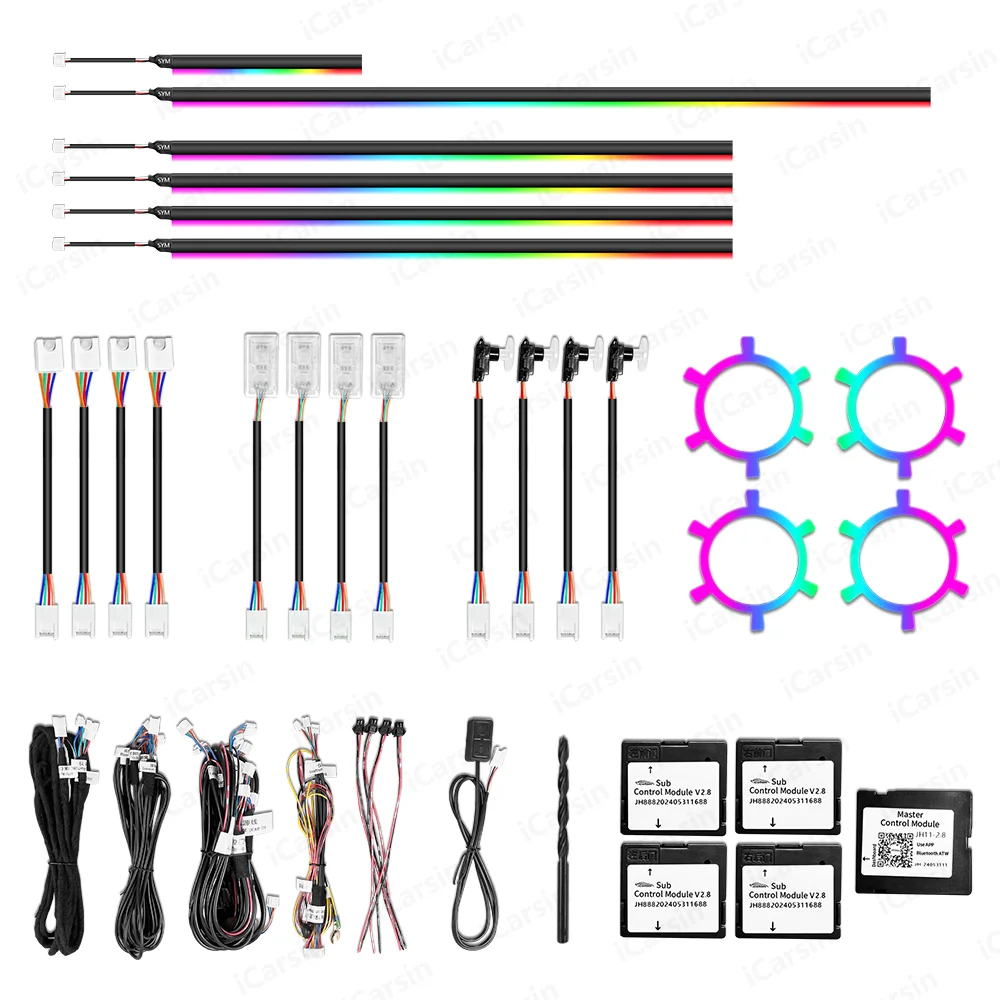 C2 64 لونًا ديناميكيًا سيمفونيًا عالميًا ضوء محيط للسيارة إضاءة جو LED داخلية 22 في 1 للتحكم في التطبيقات 18 في 1