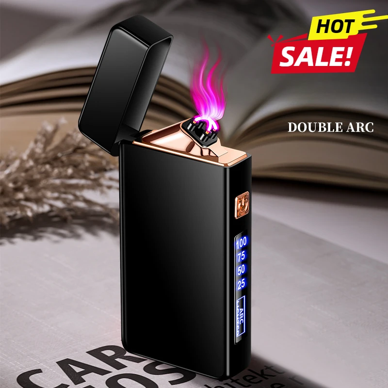 

Electric Windproof Metal Lighter Double Arc Flameless Plasma Rechargeable USB Lighter LED Power Display Touch Sensor Lighters