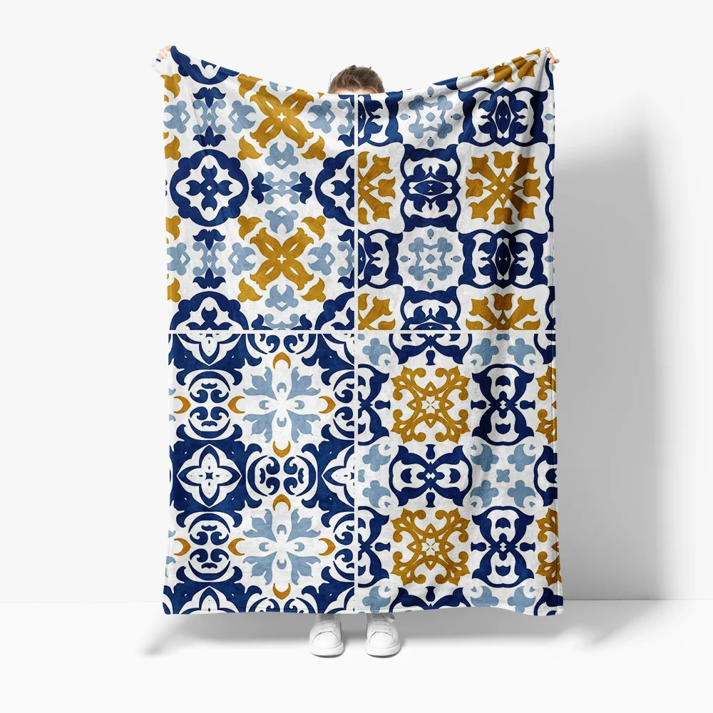 

Moroccan Tile Pattern Blanket Geometric Cotton Throw Blanket Floral Cushion Cover Decorative Bed Blanket Home Decor Gift