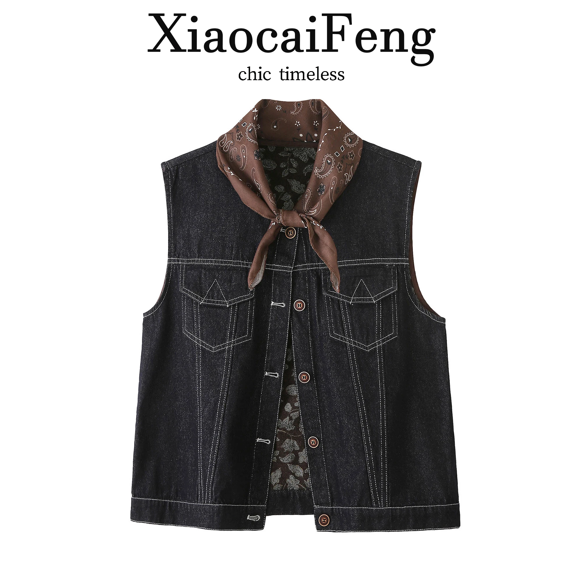 

Корейский шелковый шарф-пояс, джинсовый жилет с круглым вырезом, женская верхняя одежда для повседневной носки, модный хлопковый жилет на одной пуговице