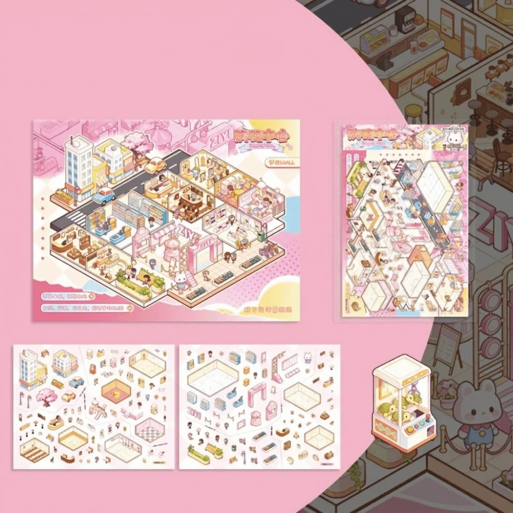 2D Flat Miniature Scene Stickers Grid-Style PET Material DIY Journal Stickers Stress-Relief Built-In Positioning Lines