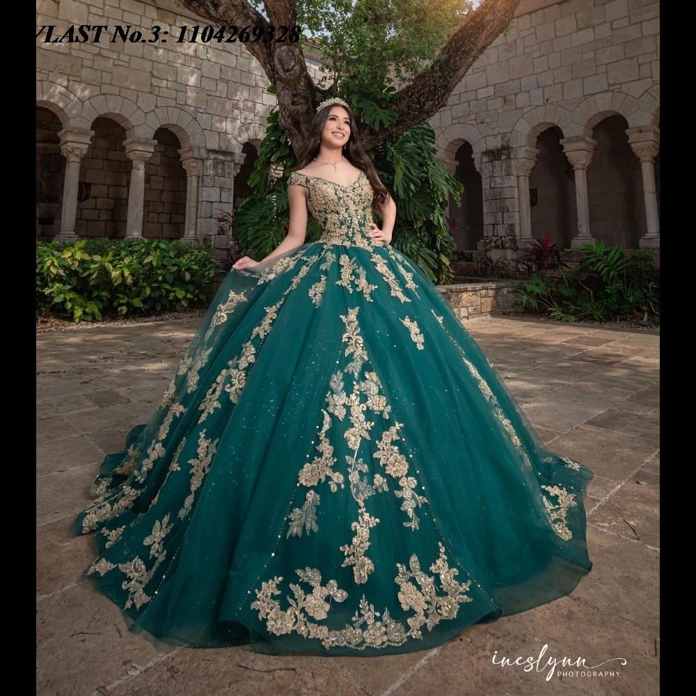 EVLAST Customized Glitter Dark Green Quinceanera Dress Ball Gown Gold Lace Applique Beading Sweet 16 Vestido De 15 Anos E3Q277