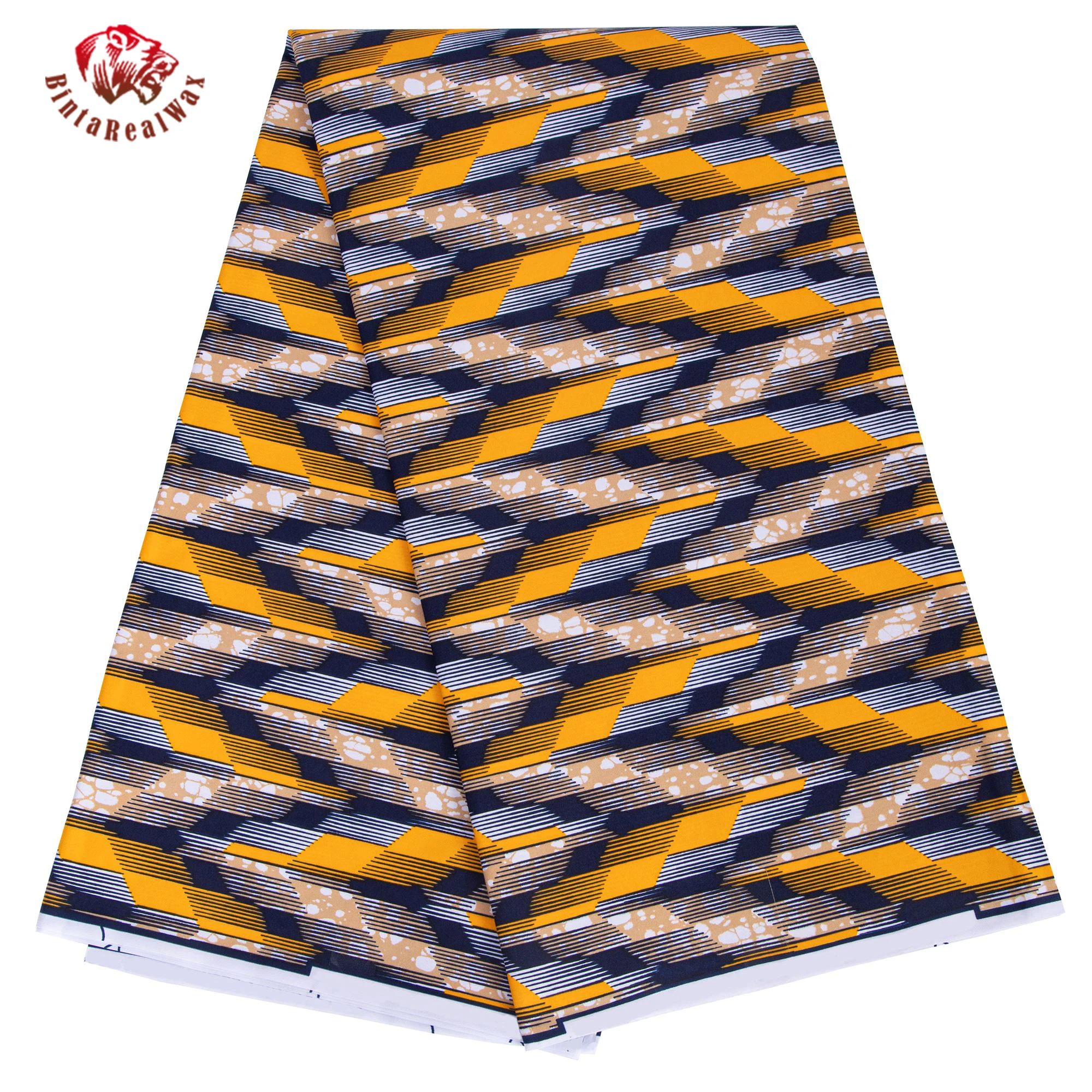 

BintaRealwax African Wax Print Fabric Yellow Blue Geometric Chevron Pattern Ankara Cotton Fabric for Dress Skirt FP6701