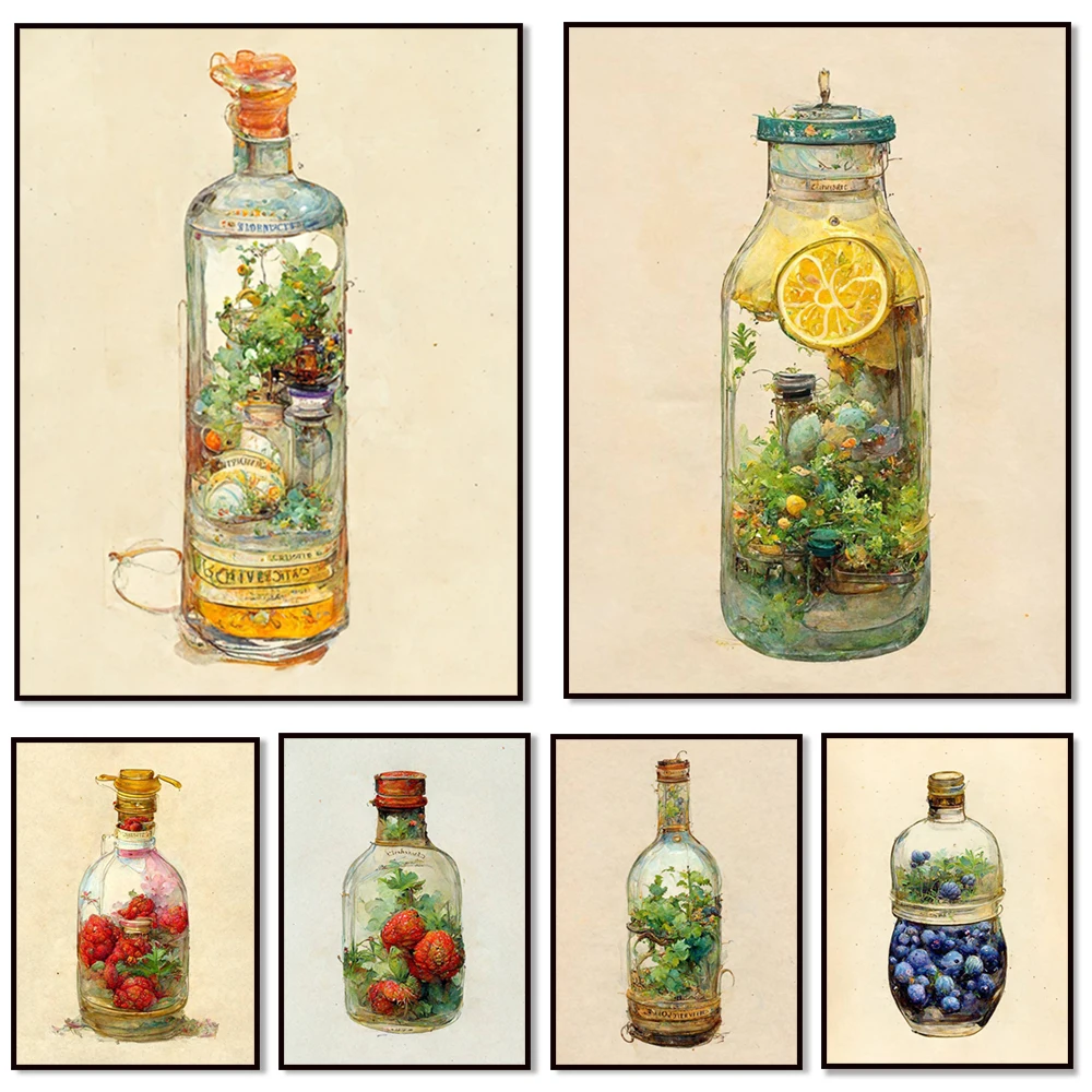 Berries Poster Blueberry, Raspberry, Strawberry, Watercolor Style Lemonade Imaginarium Poster, Garden Artwork Poster in a Bottle