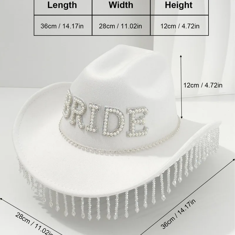 Ladies' Bridal Felt Western Cowboy with Pearl BRIDE and Crystal Tassel Pendant, Jazz Hat
