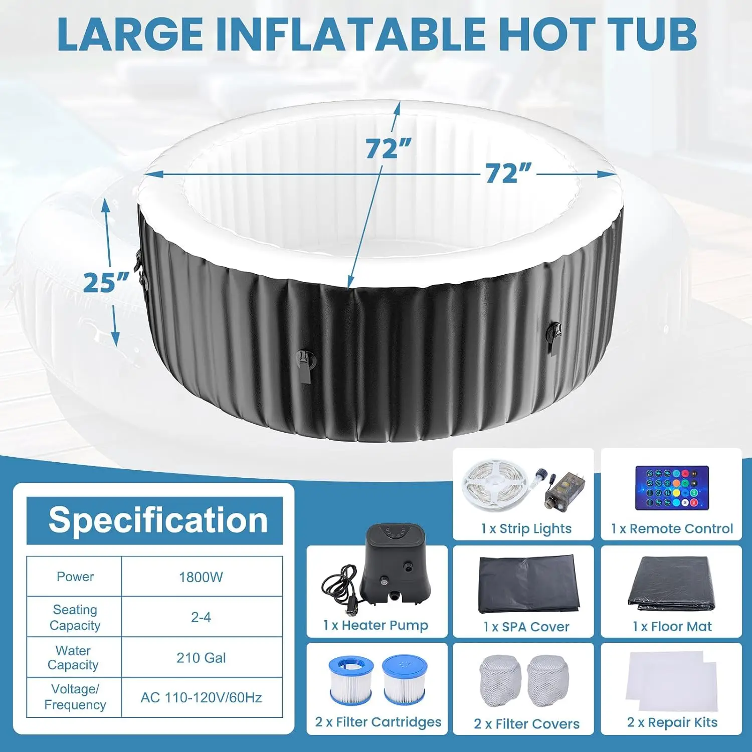 Inflatable Hot Tub with LED Lights, Portable Blow Up Spa with Air Jets & Color Changing Lights, Outdoor Heated Spa, Customized