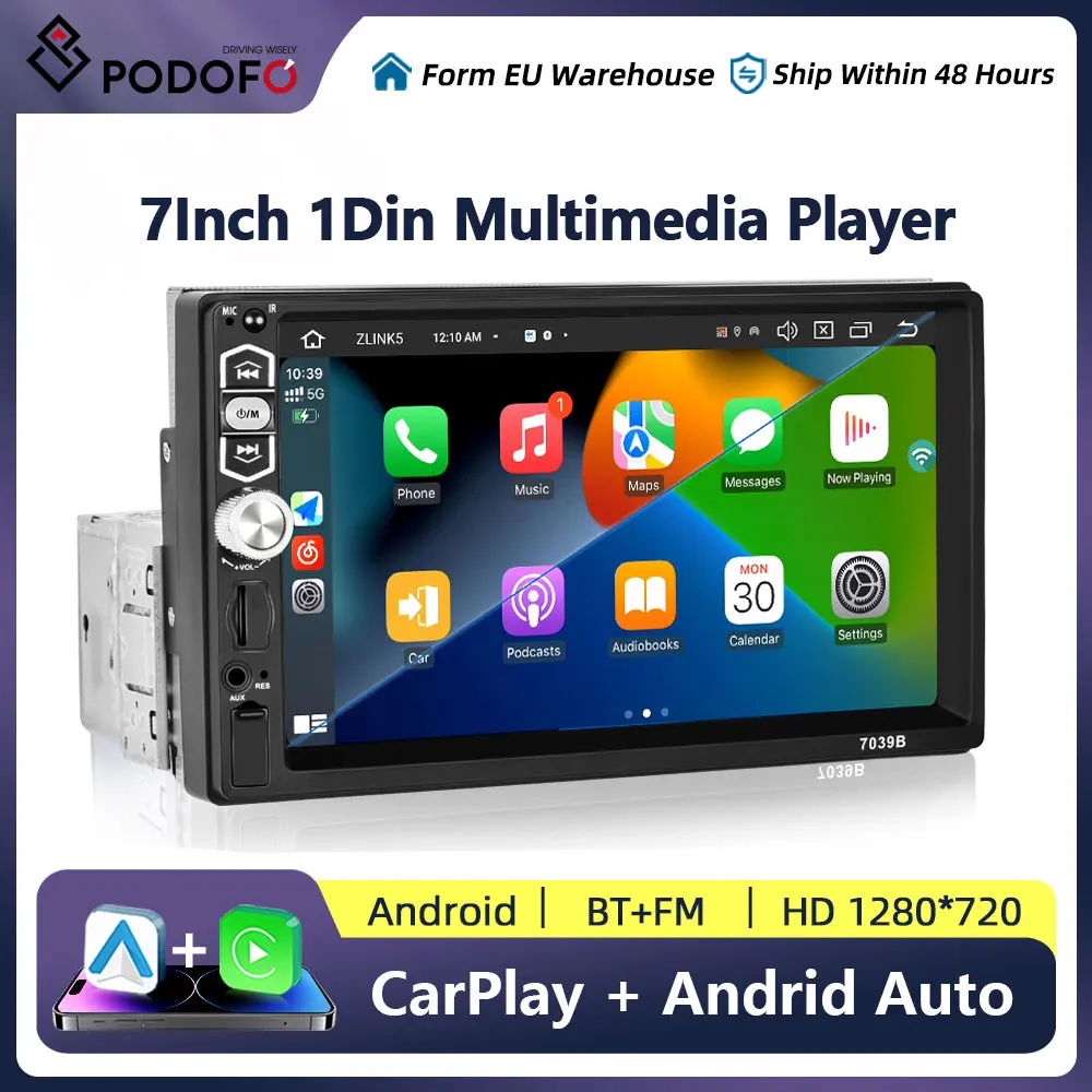 Podofo 1din Car Radio Stereo Wireless Carplay Radio 7