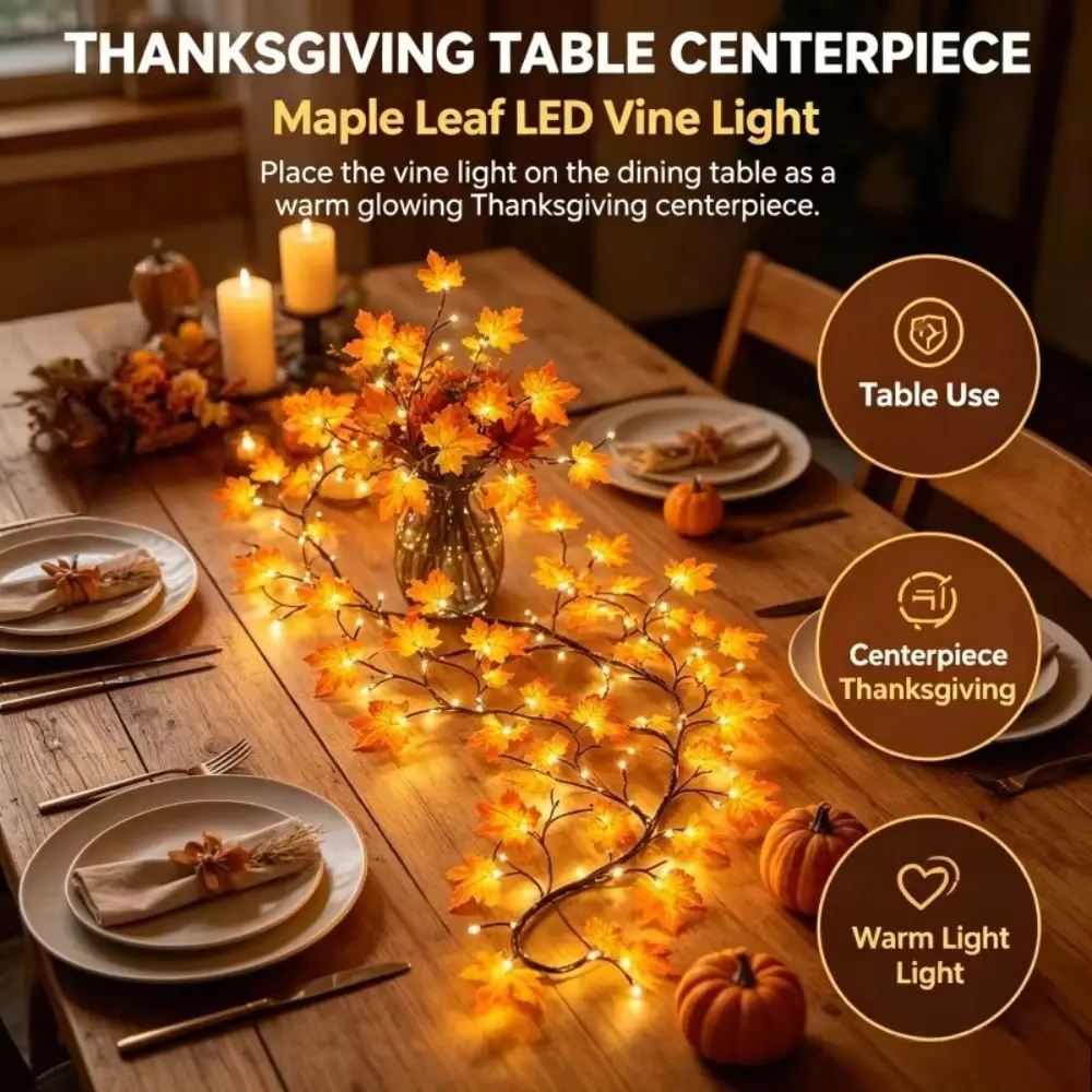 USB Powered Maple Leaf Branch Lights Bendable Vine Flexible Vine Autumn Vine Garland Lighted 8 Lighting Modes Branch Wreath