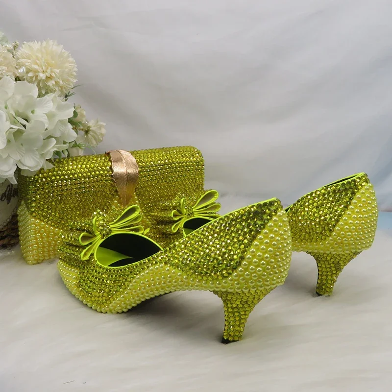 2024 New arrival Lemon Yellow Crystal Women wedding shoes and matching bags Peep toe High Pumps fashion Open Toe shoes and Purse