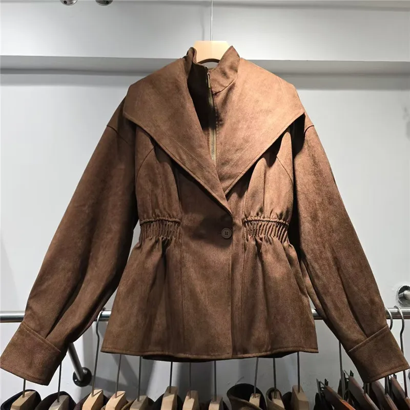 British Style Double Layered Collar Imitation Suede Jacket Vintage Zip Loose Windbreaker 2026 New Autumn Long Sleeve Women Coat