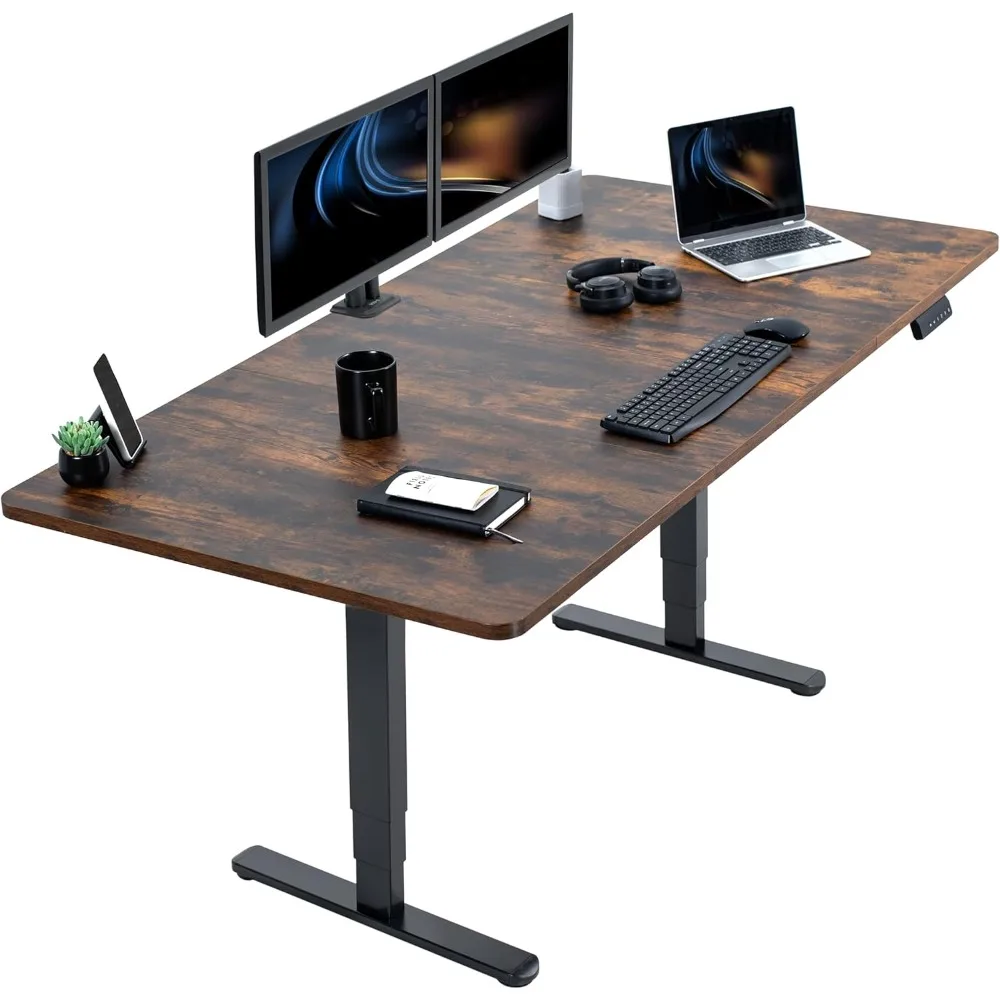 Electric Height Adjustable 71 x 36 inch Memory Stand Up Desk, Rustic Vintage Brown Table Top, Black Dual Motor Frame