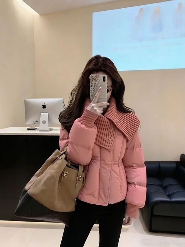 

Sli Korean Sle Women's Pink Cotton Jaet Winter Thi Outerwear Faionable Age-Defng High-Collar Zipper Closure
