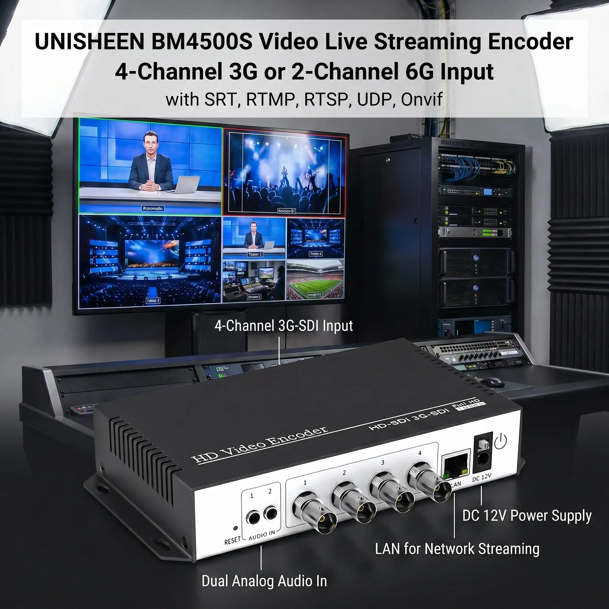 UNISHEEN H.265 H.264 4in1 Transmitter Live SRT RTSP RTMPS UDP 4K 3G 6G 4 Channel SDI Video Encoder IP Streaming