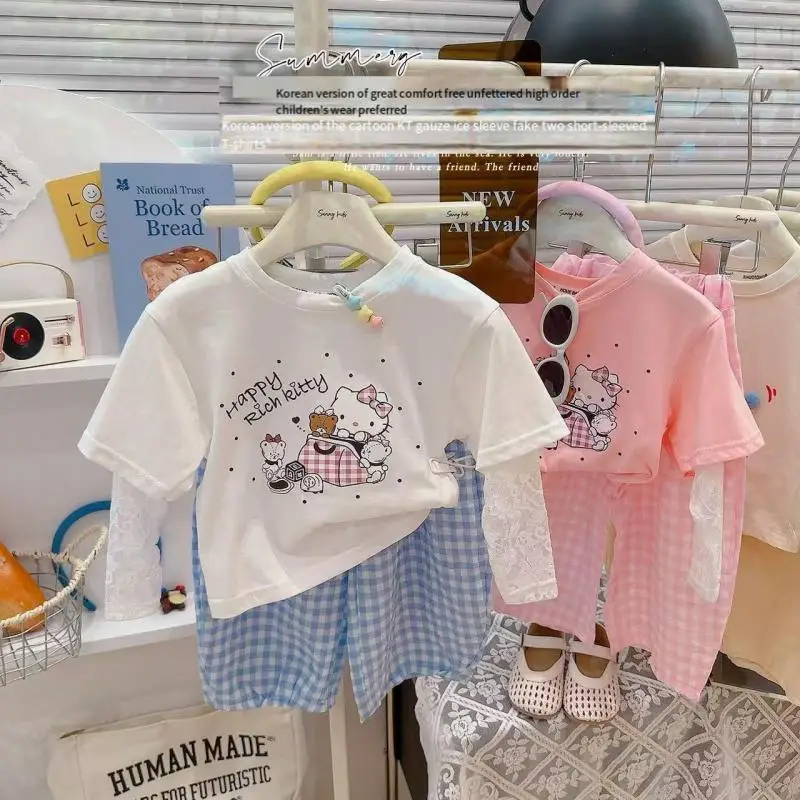 

Детский костюм Hello Kitty Sanrios для девочек, кружевная футболка из чистого хлопка с двумя искусственными принтами, детская одежда, солнцезащитная куртка для отдыха