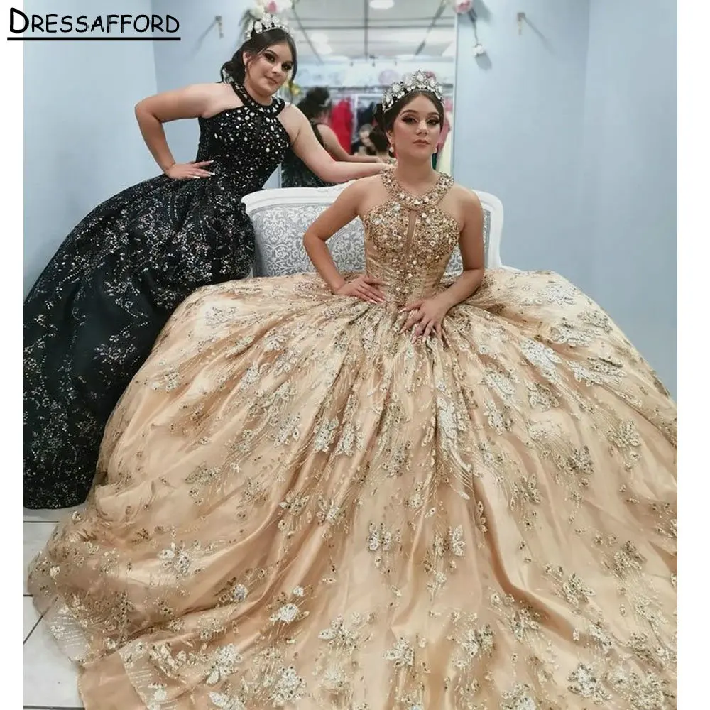 Gold Halter Beading Crystal Corset Quinceanera Dress Ball Gown Sleeveless Appliques Lace Graduation 7th Vestido De XV Anos