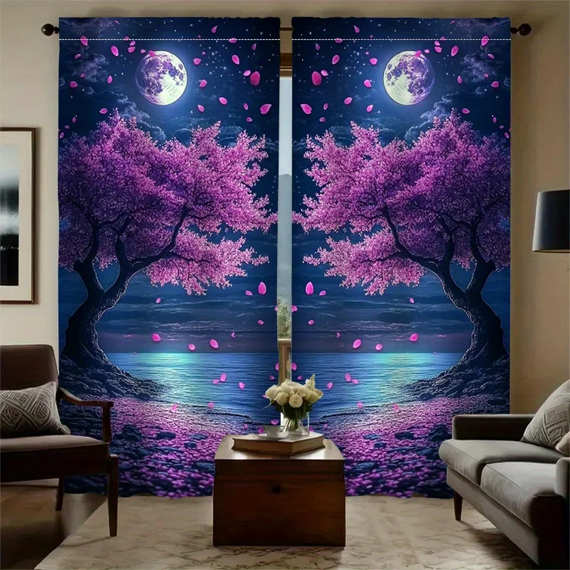 Lila Kirschblüte Mond Nacht Vorhänge Romantische Landschaft Kunst Elegante Wohnkultur Natur Thema Fenster Vorhänge Innen Mode