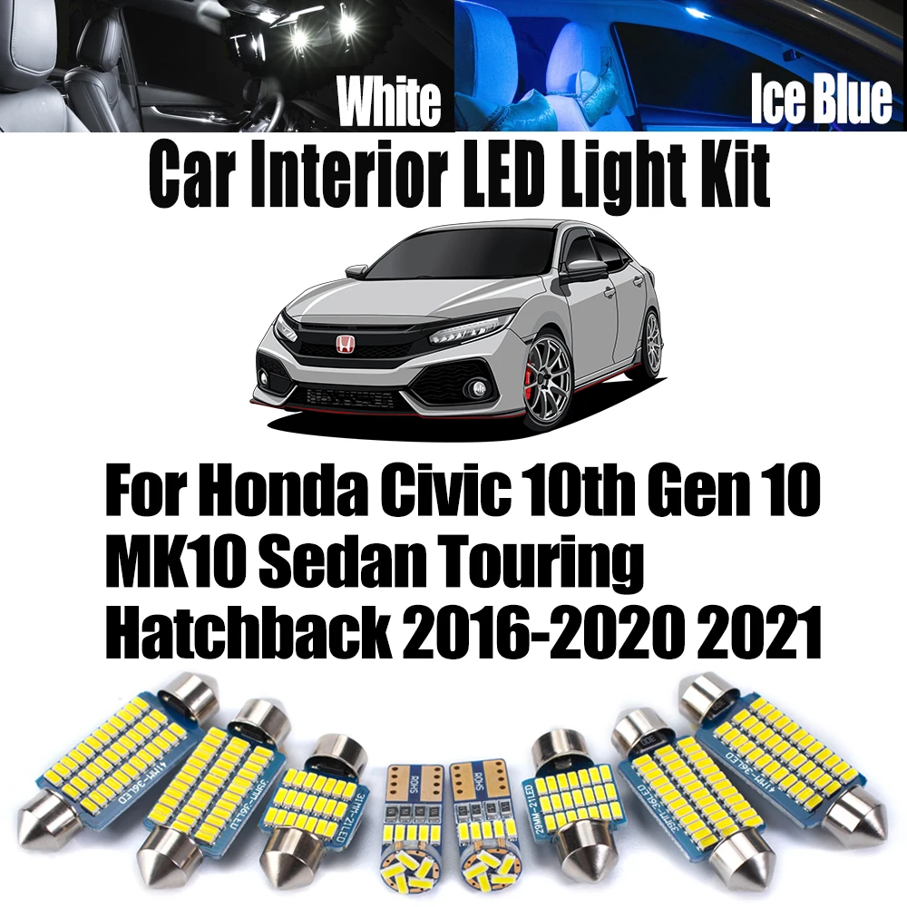 12Pcs For Honda Civic 10th Gen 10 MK10 Sedan Touring Hatchback 2016- 2020 2021 Car LED Interior Map Dome Vanity Mirror Light Kit