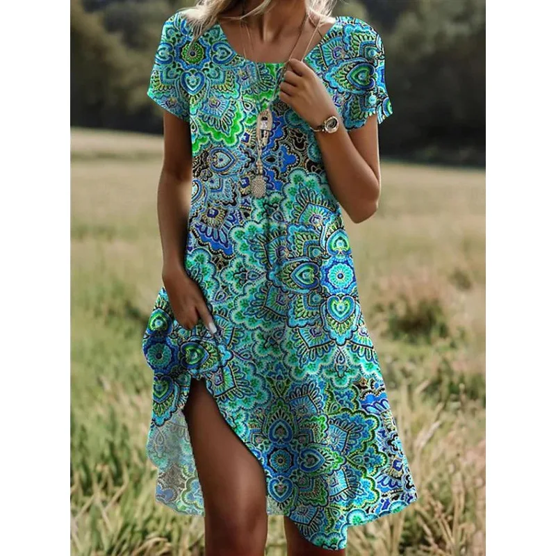 Women Dresses 2026 Summer New round neck simple floral printed casual knitted knee length dress women's clothing vestidoes