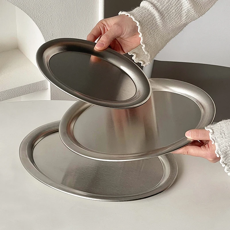 Platos ovalados de acero inoxidable de varios tamaños, comida para el hogar, cena, plato poco profundo al vapor, vajilla de cocina