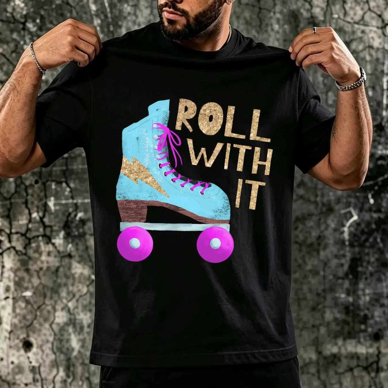 washed T Shirt ROLL WITH IT Retro Roller Skate Large Capacity Backpack Print Backpacks vintage Washed Unisex designer clothes
