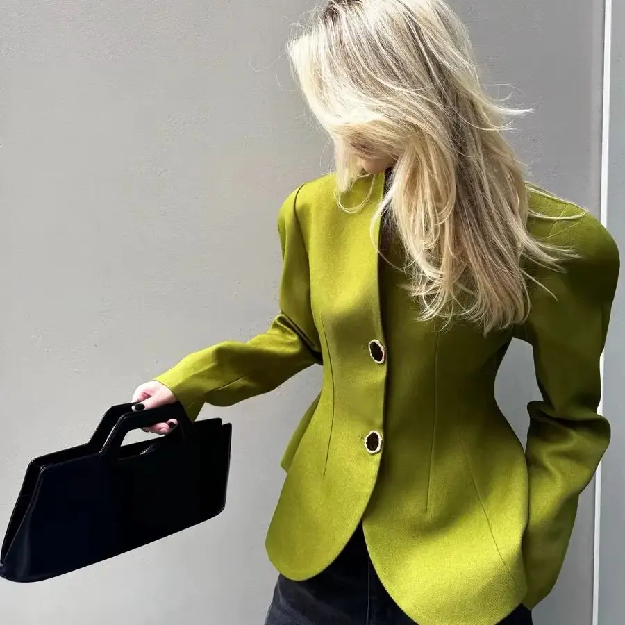 Women's V Neck Fitted Blazer with Padded Shoulders and Long Sleeves