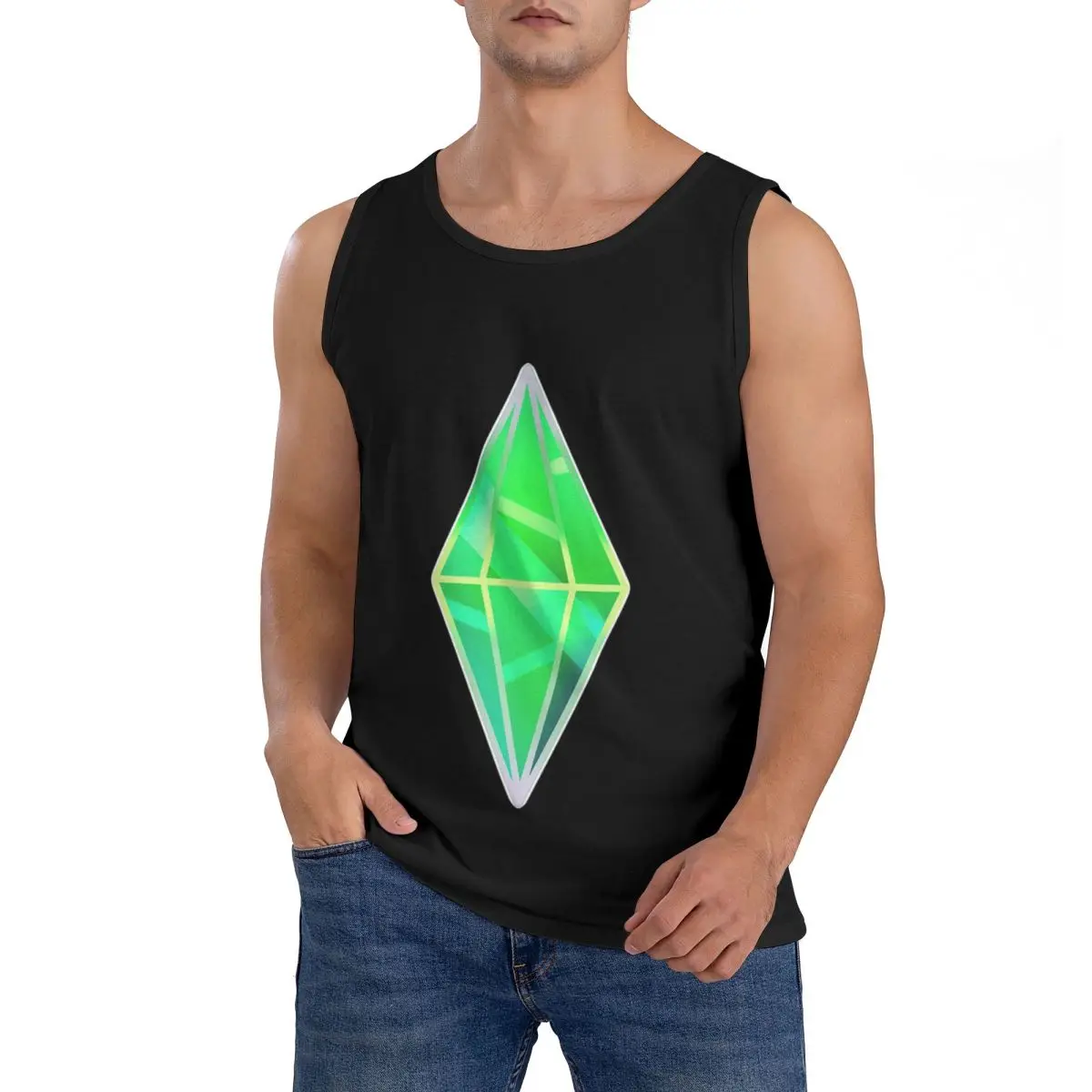 Camiseta sin mangas 100% algodón verde Plumbob Sims 4, ropa deportiva para hombre, chaleco con cuello redondo para hombre