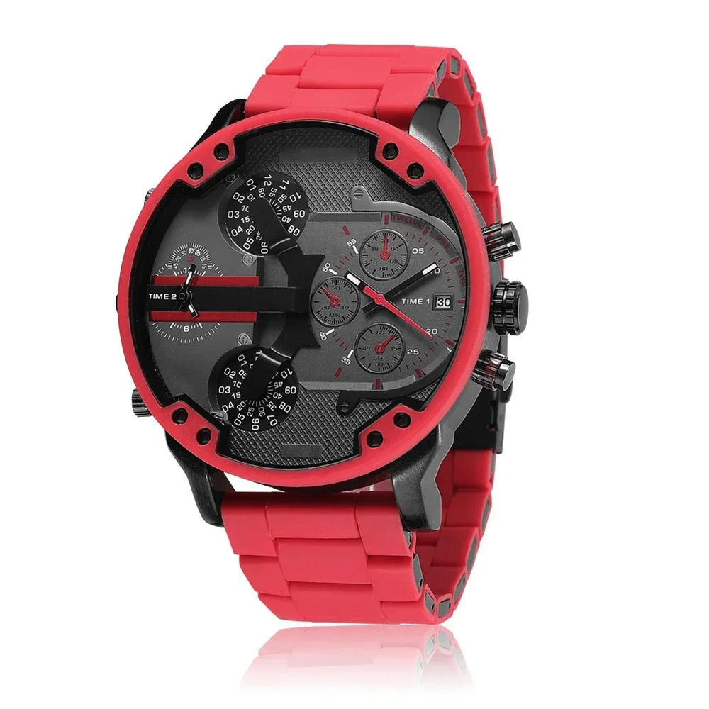 Men's sports quartz watch silicone strap multi function sports watch dual time zone big dial fine steel 2024 new