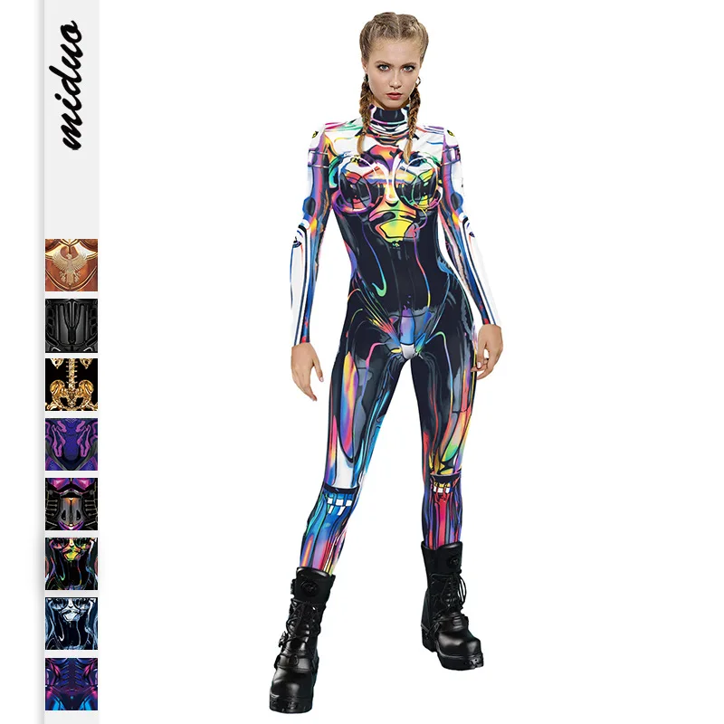 Jumpsuit Halloween populer Jumpsuit ketat pakaian futuristik seksi dicetak Cos baju wanita grosir Romper wanita Combinaison