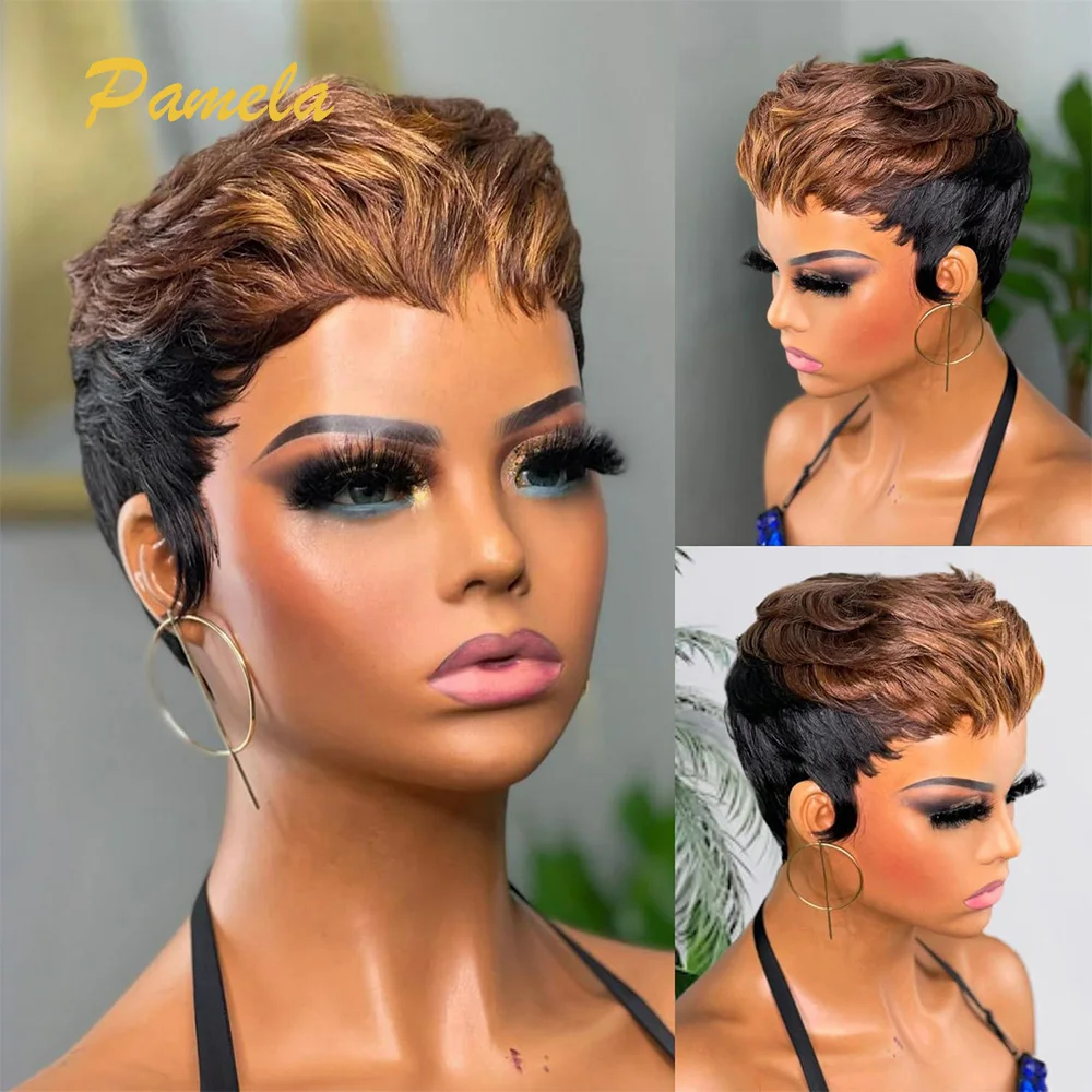 

Парики с стрижкой пикси для чернокожих женщин Короткая многослойная стрижка Парик с стрижкой пикси Человеческие волосы Полный машинный парик Бесклеевой парик для ежедневного использования