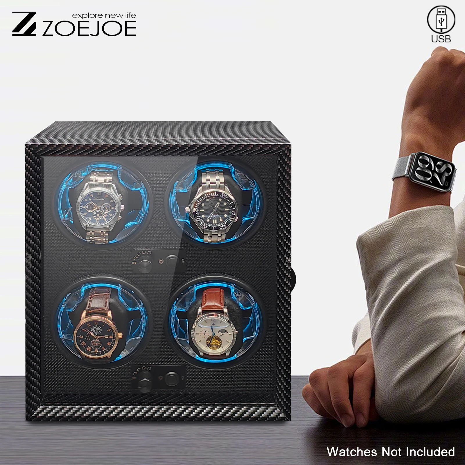 ZOEJOE 4+0/2+0 Watch Winder, Carbon Fiber Texture, USB Power, Quiet Motor, Clear Cover, Automatic Mechanical Watch Storage Box