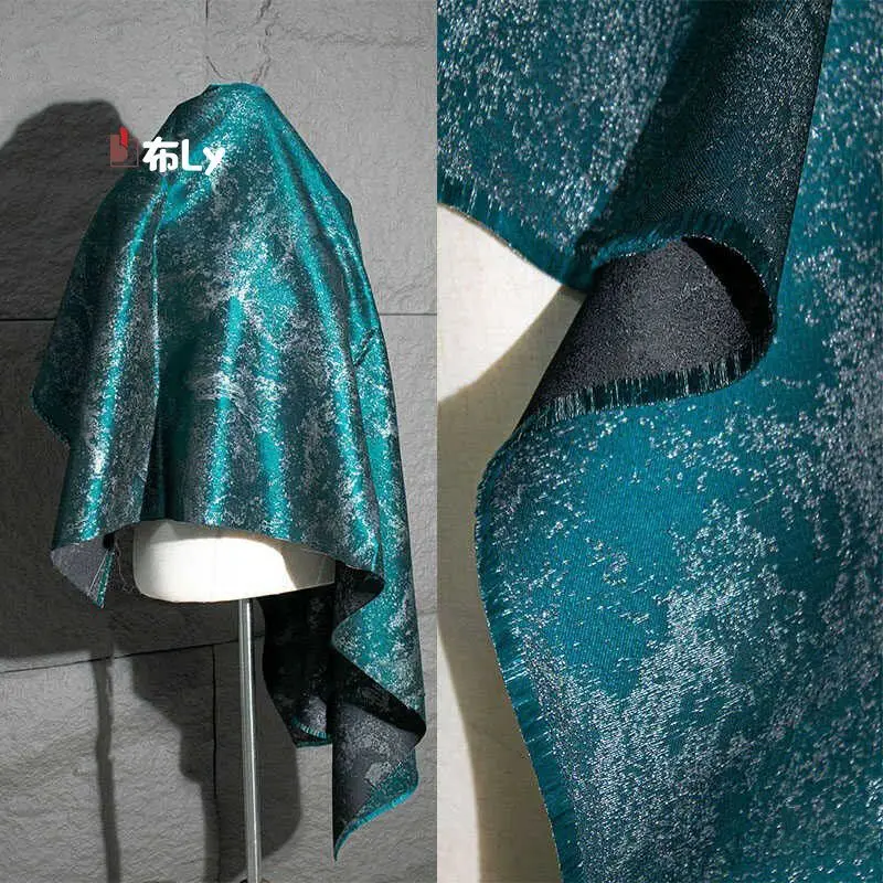 

Vintage peacock blue gilt silk jacquard fabric irregular three-dimensional coat high-end clothing designer fabric