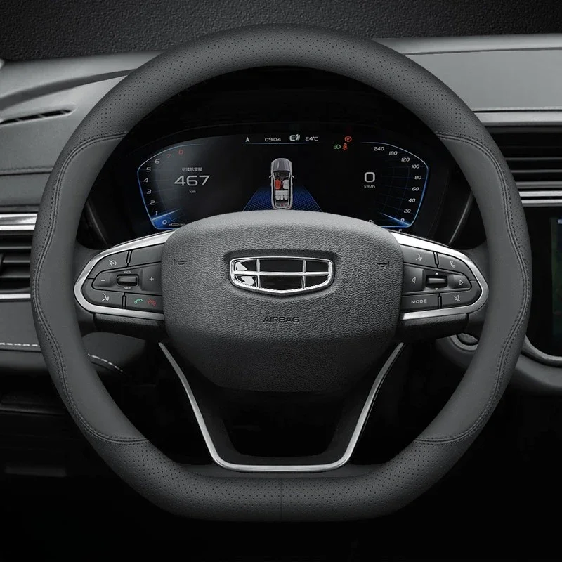 Black 15 Inch Leather Car Steering Wheel Cover for Geely Coolray Emgrand Monjaro Tugella Okavango 2023 2024 2025 Accessories