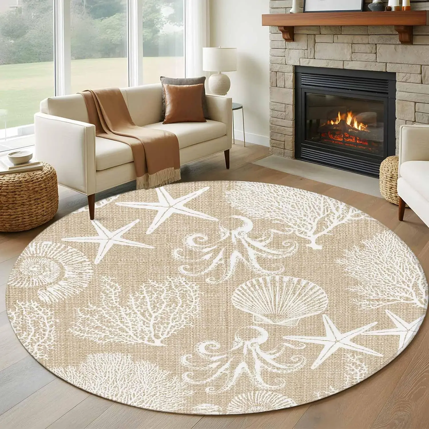 Nautical Modern Round Area Rug Octopus Starfish Pattern Circular Carpet Ocean Blue Decor Mat for Living Room Bedroom Washable