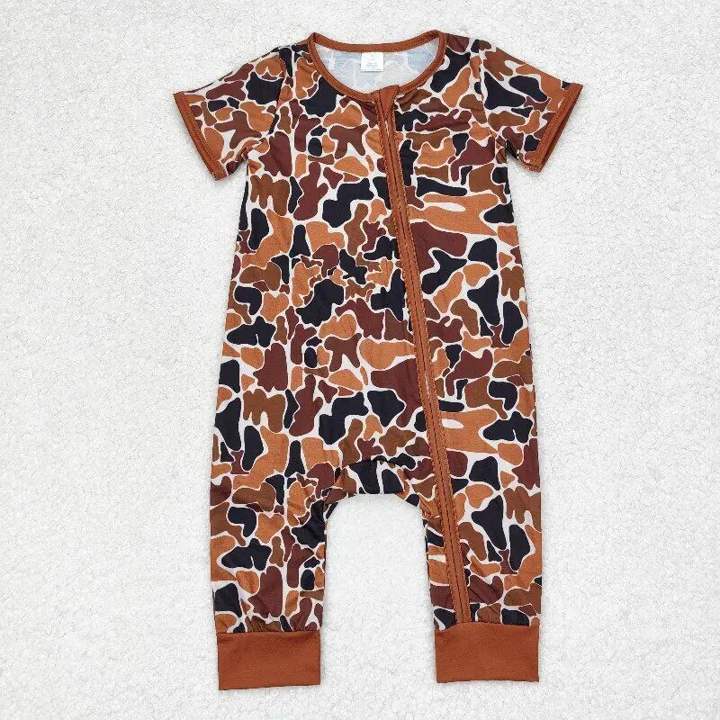 

RTS Baby Toddler Newborn Infants Boys Short Sleeve Bamboo Zippy Hunting Brown Camo Children Boutique Zip Closure Rompers