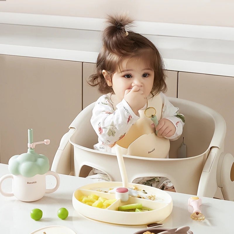 Banshili boutique Kids Cutlery Set Spoon Fork Plate Bib Baby Feeding Nursing Silicone Baby Suction Bowl 2024 New Design