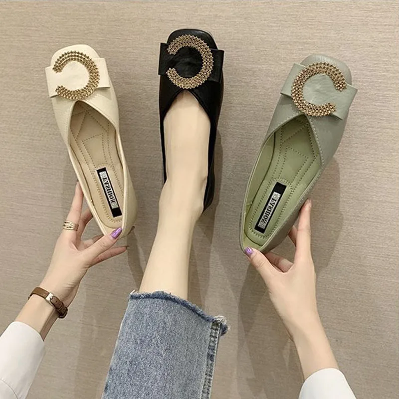 Women Thin Shoes Fashion Rhinestone Buckles Square Toe Pumps Casual Slip-on Scoop Shoe Soft Sole Flats Ladies Leather Work Shoes