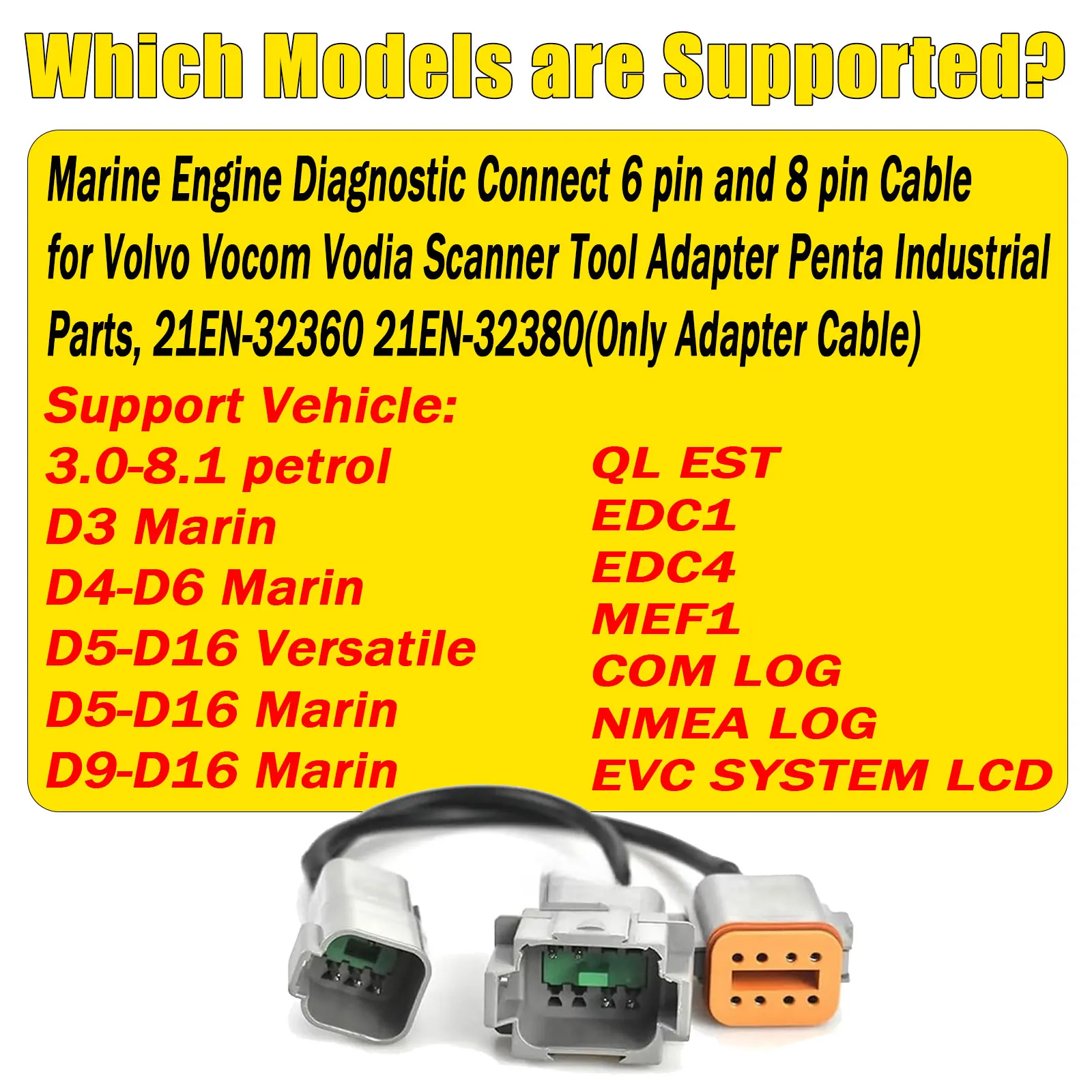 6Pin to OBD2 Adapter Marine Engine Diagnostic Connector for Volvo Vocom Vodia Scanner Tool for vodia 5 Truck Industrial Cable